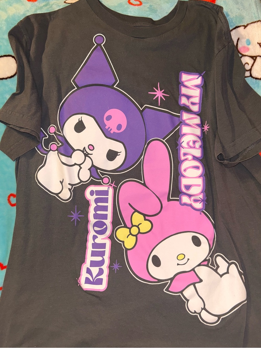 Sanrio Black Tee with White Kuromi & My Melody Print